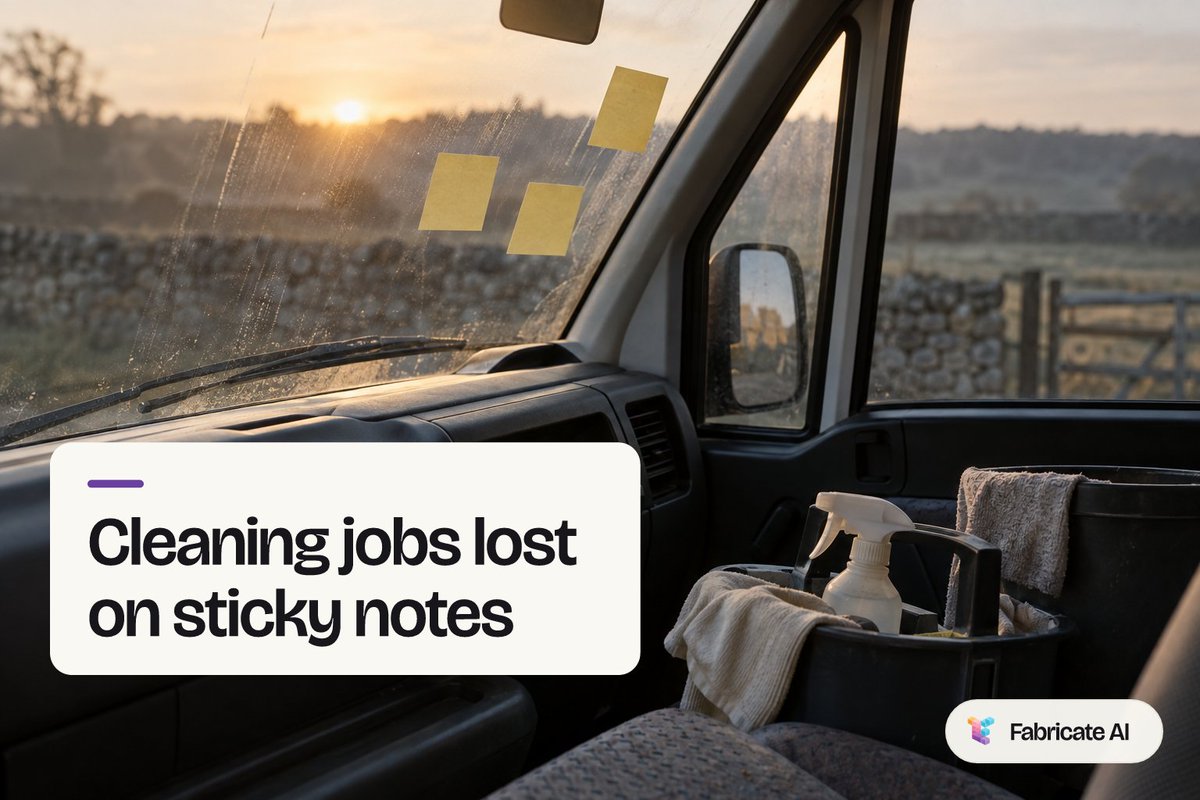 FabricateAi's tweet photo. 7 a.m. Your cleaning jobs for today are on sticky notes. One is stuck to the van window. One is in your pocket. One is gone.

A job list on your phone fixes this. You can build your own in Fabricate AI by describing it in your own words, with no code. #SmallBusiness https://t.co/2wLQ7yMY4K