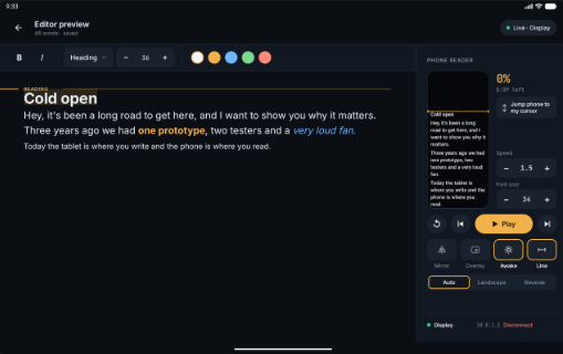 Obi_Ryder's tweet photo. SyncPrompt is an Android teleprompter that is coming soon. Write your script on a tablet. Read it on the phone in your rig. The two sync over your local Wi-Fi, so edits show up on the phone as you type. 

#teleprompter #Android https://t.co/kJSwlI5YOl