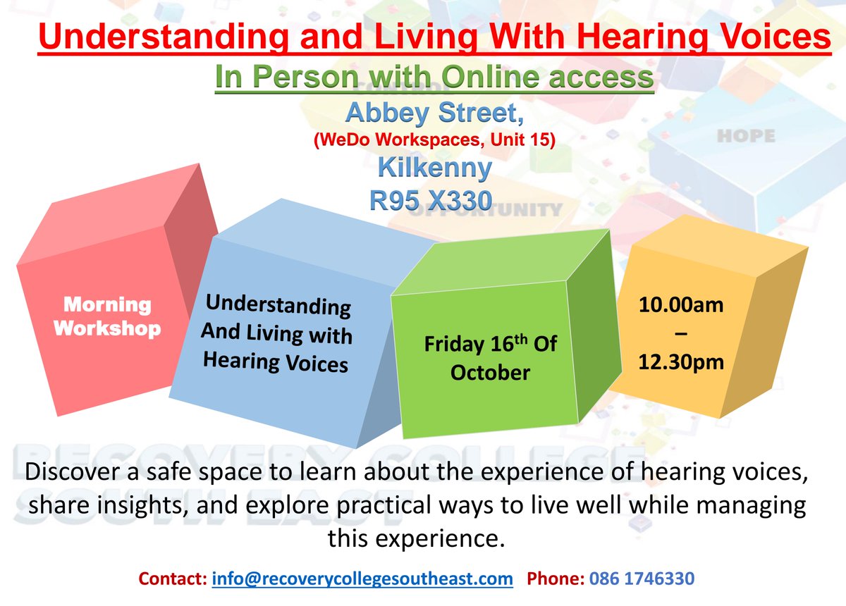 RecoverySe's tweet photo. Reminder! Understanding and Living with Hearing Voices
Fri 16th Oct | 10am-12.30pm
📍 Abbey Street, Kilkenny (in-person or online)
📧 info@recoverycollegesoutheast.com 
📞 086 1746330
#RecoveryCollege #Kilkenny #MentalHealthMatters https://t.co/nGLs08vXlA