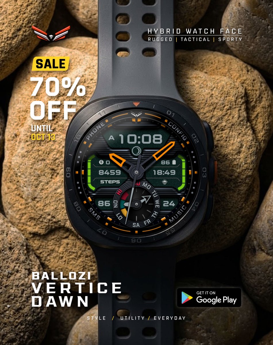 Ballozi_WF's tweet photo. Enjoy the 70% OFF on Ballozi VERTICE DAWN!
The promo ends October 13!
Available on Google Play Store: https://t.co/goxA0jqwCE
#WearOS #WearOSbyGoogle #watchface #watchfaces #WatchFaceDesign #WatchFaceOfTheDay #Smartwatch #WearableTech #Wearables https://t.co/yUOp9HkxYR