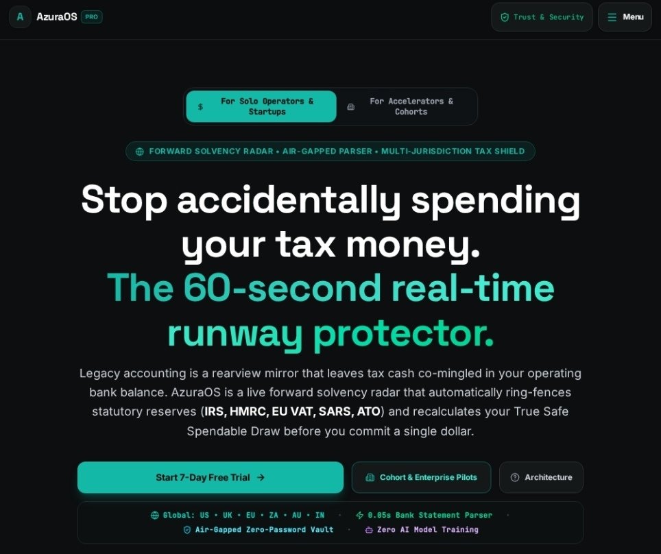 AzuraOSapp's tweet photo. Most solo founders are accidentally spending their tax money.

Accounting tools show you what already happened.
They leave VAT/GST/corporate tax sitting in the same account as operating cash. https://t.co/Wa81IcqGiu