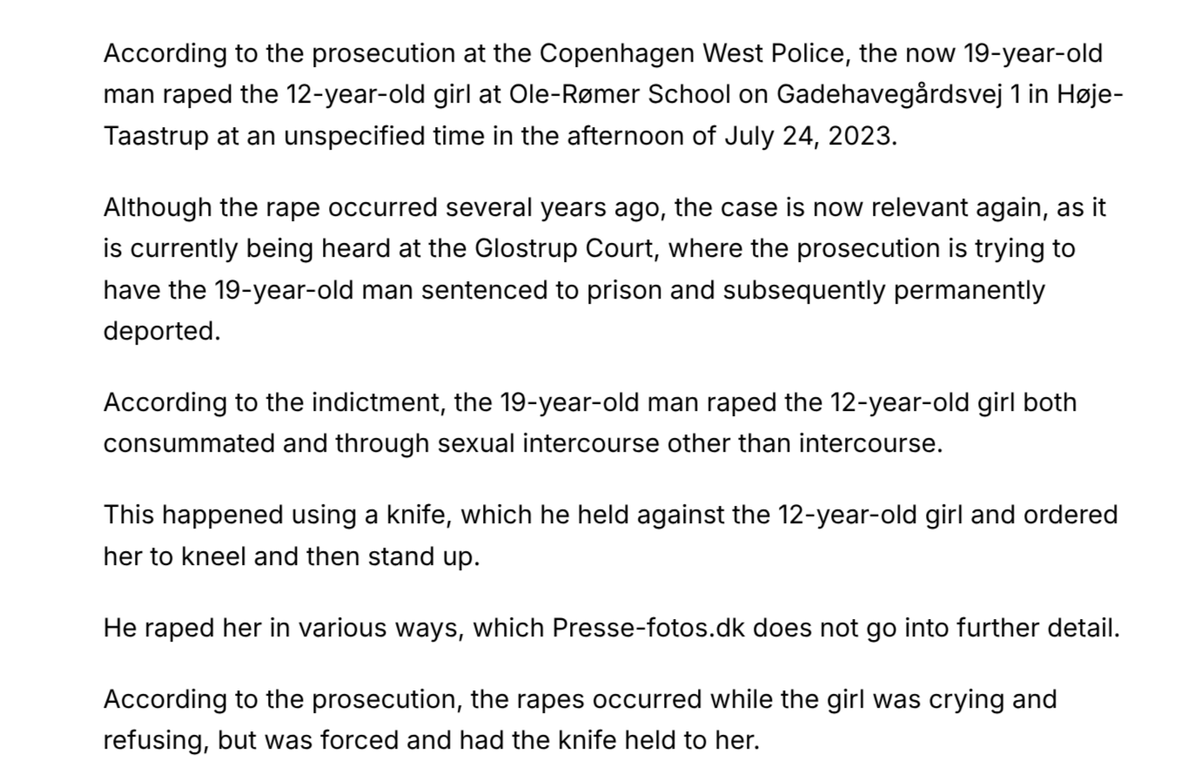 jonatanpallesen's tweet photo. Another day, another 12-year-old Danish girl violently raped by an immigrant.

This happened in the afternoon at the school she goes to. Our girls are not safe anywhere due to the mass immigration. https://t.co/Hu4YsfnvzY