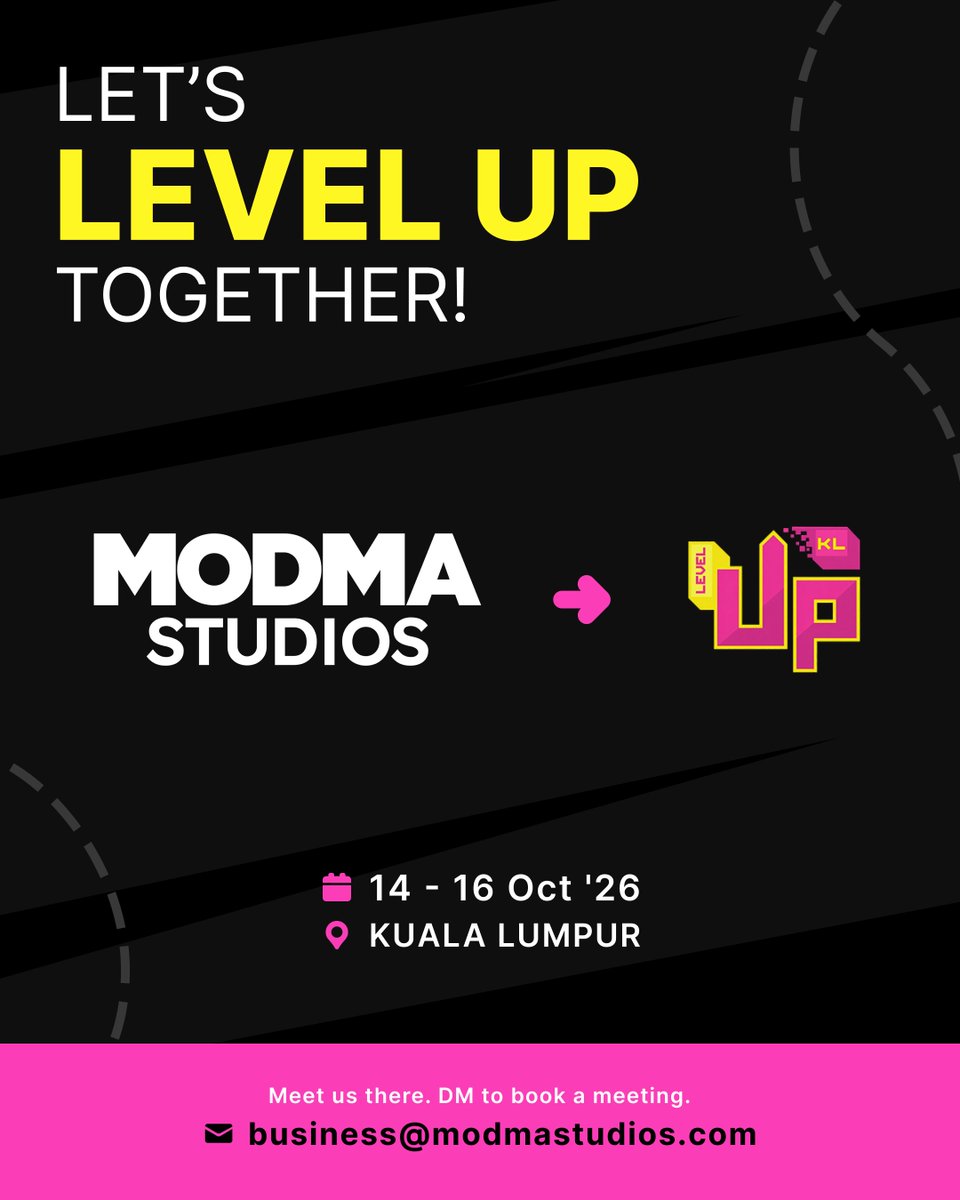 modmastudios's tweet photo. @modmastudios is attending Level Up KL 2026 in Kuala Lumpur from October 14-16.
Meet us there. DM us to book a meeting.
๐ฉ business@modmastudios.com
#LevelUpKL #GameDevelopment #GameProduction #ExternalDevelopment #ModmaStudios https://t.co/ZrabyeK8uB