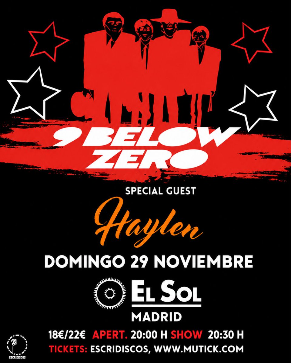 Mutick_com's tweet photo. @NineBelowZero1  y @HayleyTOfficial  se juntan el 29 de noviembre en @SalaElSol  para una noche de R&amp;B, blues, soul y rock’n’roll con mucha carretera encima. 🎸🔥

Dos directos con carácter en una misma noche. Planazo.

#NineBelowZero #Haylen #Madrid #mutick #entradas #concierto https://t.co/K39A1yzlFJ