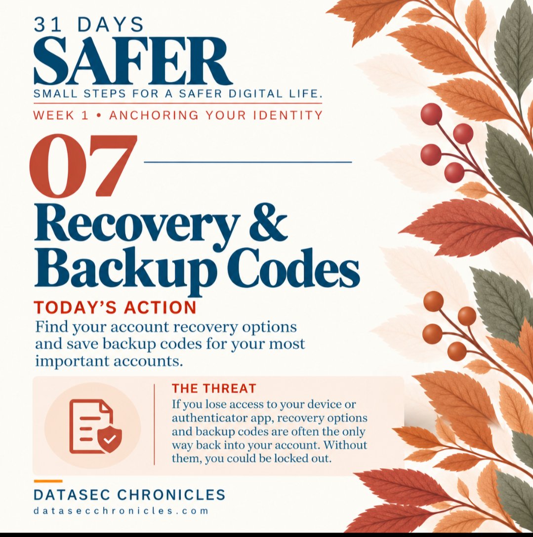 DataSecChron's tweet photo. Day 7 of #31DaysSafer π
Today: Recovery & Backup Codes.
MFA protects your accountβbut what happens if you lose access to your phone or authenticator?
Check your recovery options, make sure your email and phone number are current, and securely store your backup codes.
Youβve officially made it through Week 1. πππ½
One small step. One day safer.
#CybersecurityAwarenessMonth #DigitalHygiene #InfoSec