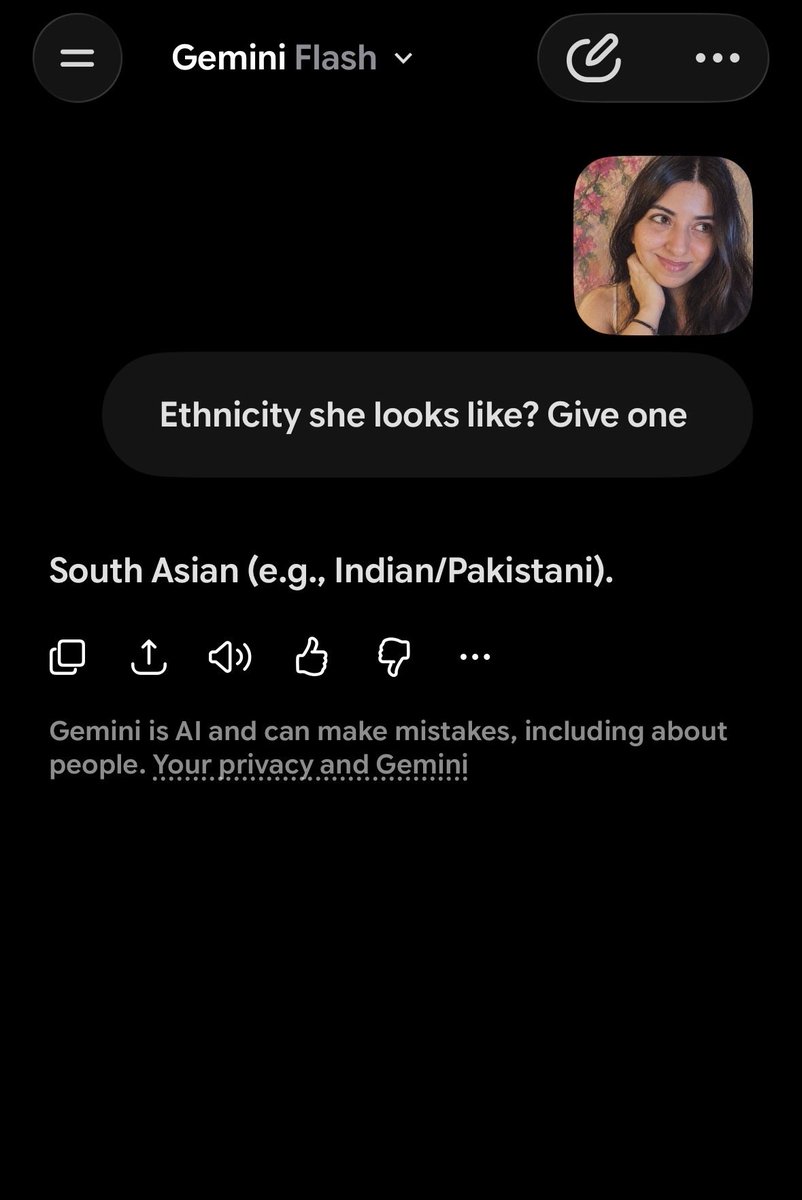 user67896262626's tweet photo. @earthtoroseyta Here’s what ai thinks you are. You look south Asian just like the people you’re criticising. https://t.co/7vncR52DaW