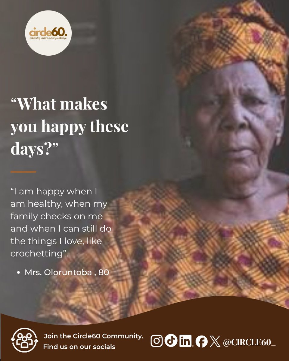 Circle60_'s tweet photo. Sometimes, happiness is found in the simple things, good health, family checking in, and still being able to do what you love.

For Mrs. Oloruntoba, 80, it’s family, health and crocheting.🧶

Join the Circle60 Community 
📞0806 853 2942
📧info@circle60.ng
#Circle60 #VoiceOfWisdom https://t.co/Eb8br8Y9ge