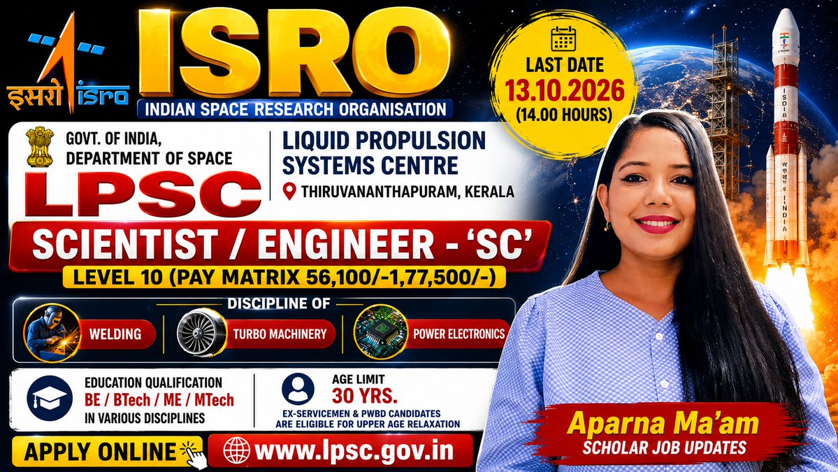 AparnaD59193158's tweet photo. ISRO LPSC Engineer/Scientist Recruitment 2026👇
https://t.co/obSIpS3VhL 
#ISRORecruitment2026 #ISROJobs2026 #LPSCRecruitment2026 #LPSCJobs #ISROJobs #Scientist
#Engineer #ScientistEngineerSC #LPSC #LiquidPropulsionSystemsCentre #ISRO #GovernmentJobs2026 #GovtJobs2026 #ISRO #JOB https://t.co/AWbfhF4qoN