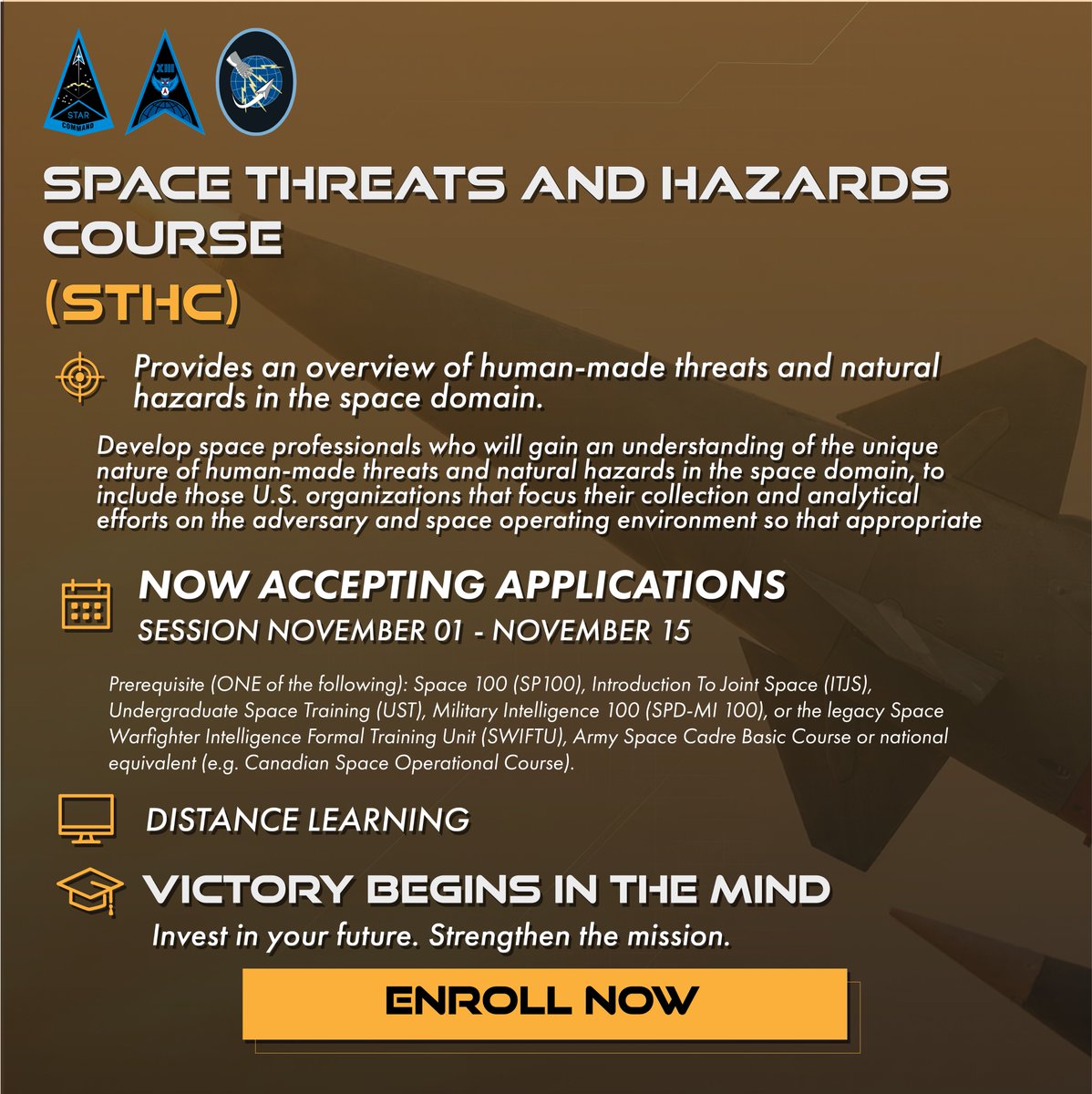 nssi_xp's tweet photo. Expand your space expertise! 

New courses now open for Guardians, Joint warfighters, gov civilians &amp; mission partners. Build your space domain knowledge! Prepare for today’s mission &amp; tomorrow’s challenges.

Enroll today: https://t.co/Llxtr7rAHJ

@USSF_STARCOM #NSSI #SpaceForce https://t.co/fh1sFdaiwV