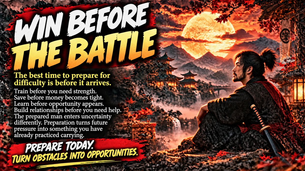 TheInnerPath_'s tweet photo. The best time to prepare for difficulty is before it arrives. Train before you need strength. Save before money becomes tight. Learn before opportunity appears.
Prepare today. Turn tomorrow’s obstacles into opportunities.
#SamuraiWisdom #Preparation #SelfMastery #Wisdom #InnerPath #LifeLessons #Mindset