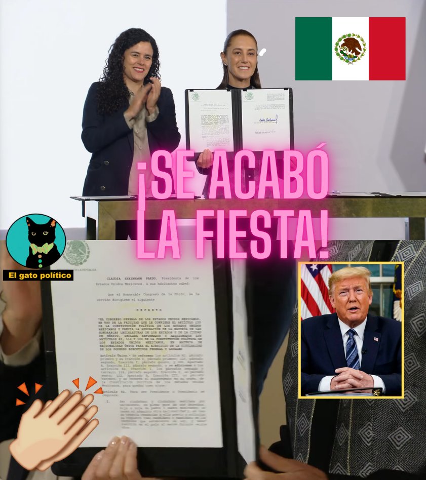 elgatopolitico_'s tweet photo. 🔴​🔴¡Ya es Ley!🇲🇽​🥁​🥁​
Tras ser aprobada en las dos Cámaras y tras aprobarse también en 22 Congresos locales, la presidenta firma el decreto para que los que gobiernen México sean solo mexicanos.

Tremendo golpe a las injerencias de EE.UU. Y a los gobernadores que resulta que también tienen pasaporte gringo:

"Si alguna persona tiene doble nacionalidad, puede renunciar a ella", se informó.
#MañaneraDelPueblo 📛📛