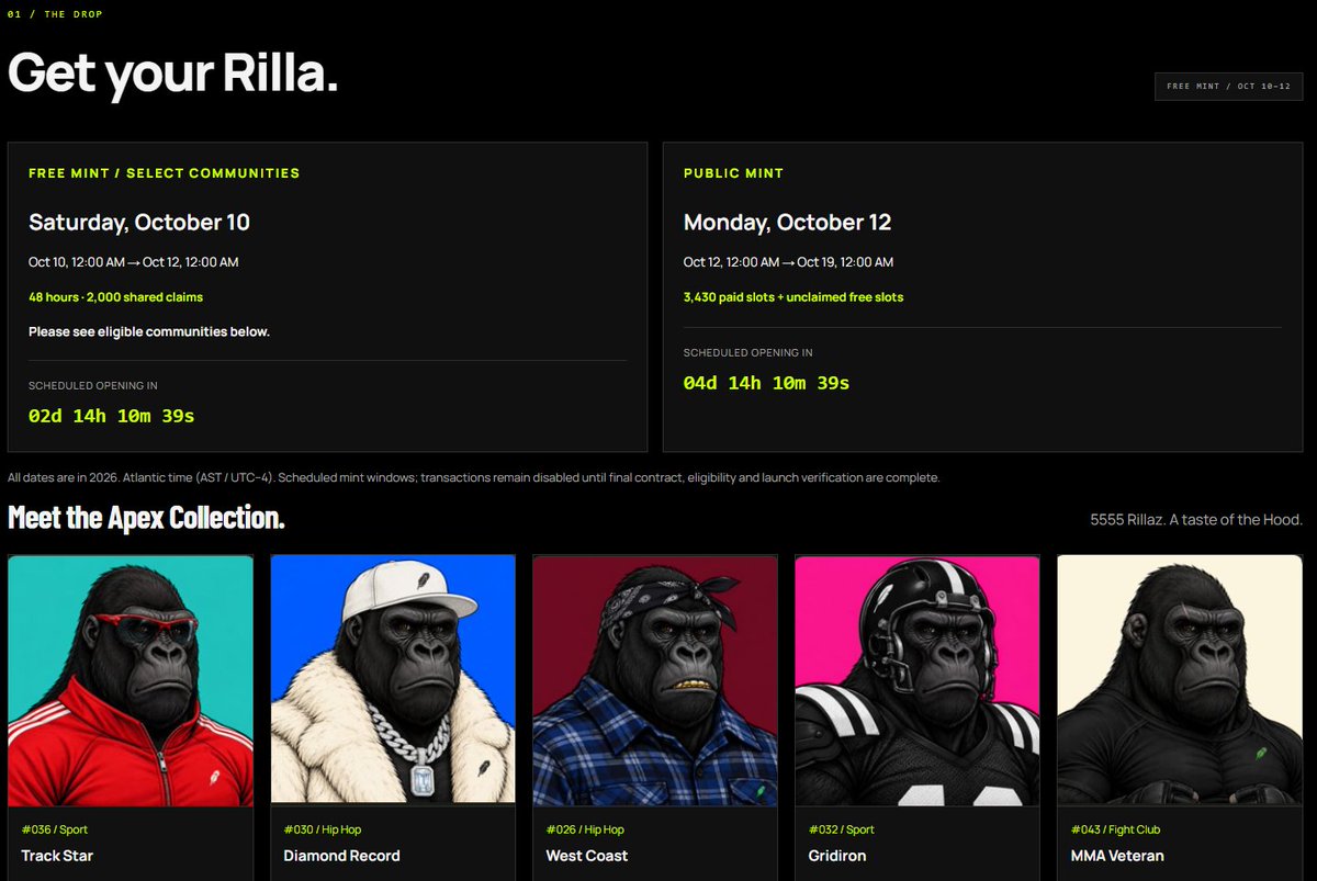 rillaz_nda_hood's tweet photo. 📢The Hood is opening its doors. 🦍
2,000 FREE #Rillaz_nda_hood mints on Robinhood Chain for these holder communities:
• #SKNOTS
• #CCFF00
• #SuitedApes
• #00CCFF
• #CCFF00CIRCLES
• #CircleApes
• #Vamps
• #ProjectShiesty
• #PixelCatsondrugs
✨October 11th, 2026 : 9 new communities added and welcomed to the Free Mint.
👉Opening at midnight Atlantic time and lasts 48 hours. 2,000 shared claims.
👉ONE free mint per eligible wallet—even if you hold multiple collections.
No registration. No repost tasks. First come, first served. Gas applies.
Final eligibility depends on verified collection contracts and the official holder snapshot.
Snapshot cutoff announcement coming next.
Public mint: October 12.
Check the qualifying contracts and countdowns:
at: https://t.co/XGIjid22yT
Different communities. Same Hood.🦍