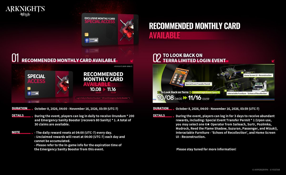 ArknightsEN's tweet photo. Dear Doctor,

Recommended Monthly Card will soon be available! Doctors can log in daily to claim special rewards between October 8, 2026, 04:00 - November 16, 2026, 03:59 (UTC-7). Please refer to the following notification for the details.

#Arknights #Yostar https://t.co/C0hbc8pSMz
