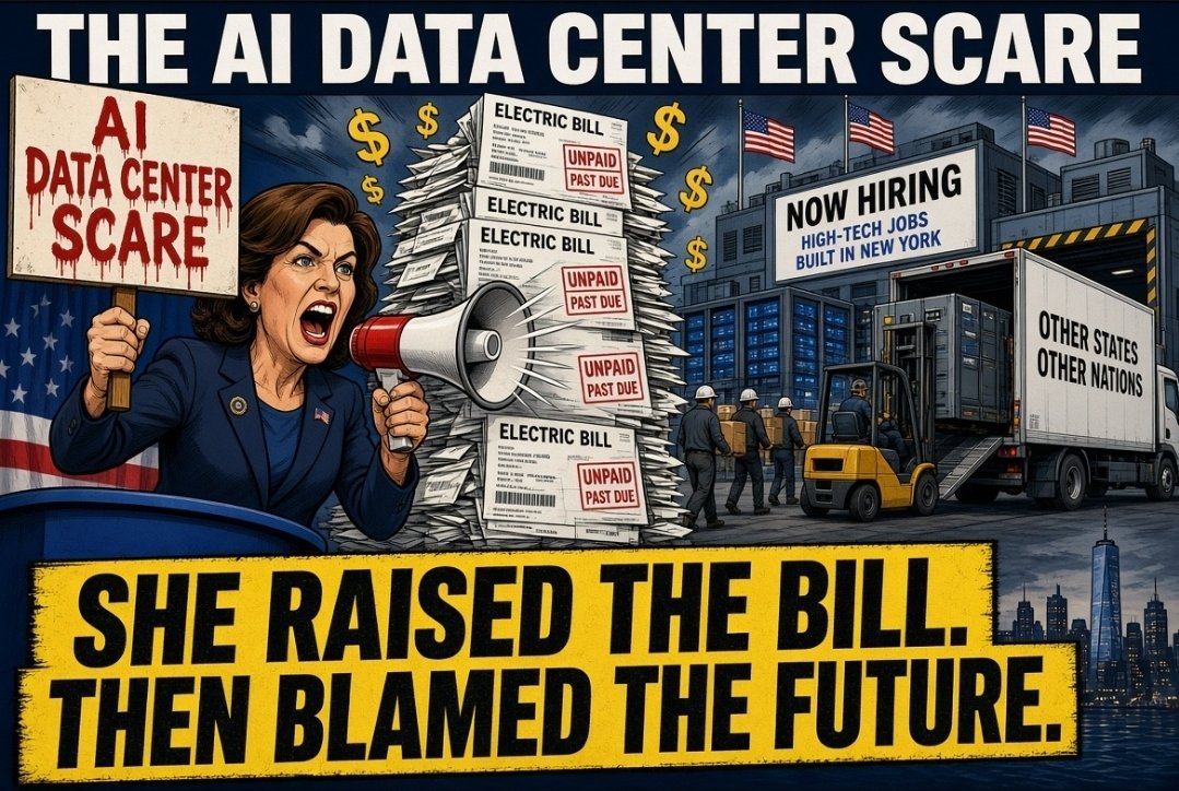 atchamic's tweet photo. Hochul spent years letting New York electric bills climb. Now, a month from Election Day, she has discovered the villain: the AI data center.

Data centers are jobs, tax base, and technology leadership. Kill them here and the servers, the paychecks, and the lead go to other states and other COUNTRIES. New York keeps the bill. Someone else keeps the future.
The "AI Data Center Scare" is not an energy plan. It is a campaign ad.
https://t.co/7asylhzCKh