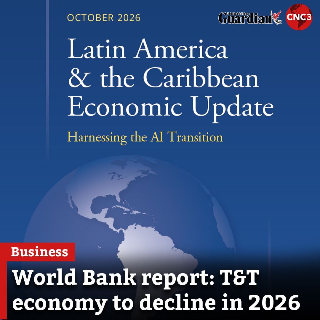 GuardianTT's tweet photo. The Trinidad and Tobago economy declined by 0.5 per cent in 2025 and is predicted to decline again this year, by 0.2 per cent, according to the World Bank Group’s Latin America and the Caribbean Economic Update.
The report, which was issued yesterday and headlined “Harnessing the AI Transition,” forecast that the T&T economy will grow by 2.5 per cent in 2027.

For more…
https://t.co/lDB4JFw1H9