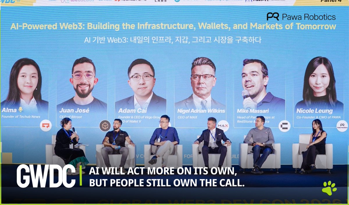 pawa_sci's tweet photo. AI helps. People decide. 🐾

Pets can't tell us when something feels off. AI can spot the change early, but you know your pet best, so you make the call.

That's what we're building and what we shared at the "AI-Powered Web3" roundtable, #GWDC2026 Korea.