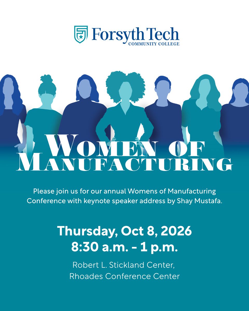 ForsythTechCC's tweet photo. The Women of Manufacturing Conference is happening tomorrow, Oct. 8!

Join us for a morning of inspiring conversations, networking and opportunities to connect with women shaping the future of manufacturing.

We can't wait to see you there! 💙

#ForsythTech #WomenOfManufacturing https://t.co/78HAb50svS