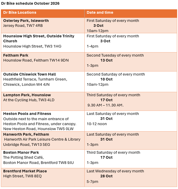 htravelactive's tweet photo. π² Free #DrBike sessions this October!
Get a FREE bike safety check, maintenance advice and minor repairs from our cycle mechanics.
β
No booking needed
βNo e-bikes or e-scooters
Find your nearest session: https://t.co/yIX8VC95zc
π§ cycling@hounslow.gov.uk https://t.co/8E512RsVWg