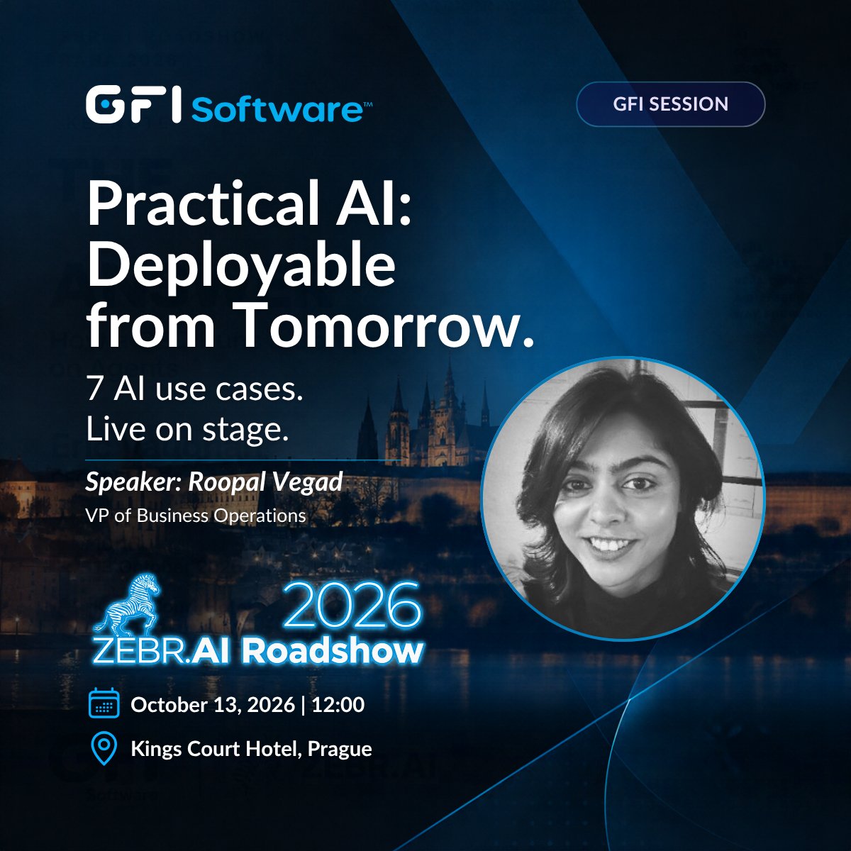 GFISoftware's tweet photo. Seven AI use cases. Live. In parallel.

At https://t.co/QyYW8AjpIl Roadshow Praha 2026, @roopalvegad will demonstrate tasks ranging from spreadsheet audits and contract review to tender qualification and automation.

Event details:
https://t.co/nZD8RGea0I

#GFISoftware #ZEBRAI https://t.co/QLorRvsmUc