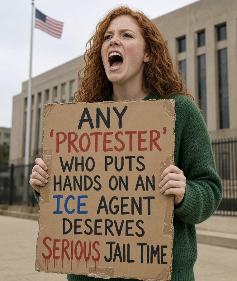 Taryn018Kis_'s tweet photo. She is yelling it outside a federal building with the flag behind her. Putting hands on an ICE agent is not a protest. It is an assault. Should that be serious jail time every time? https://t.co/Af7U5sJyuT