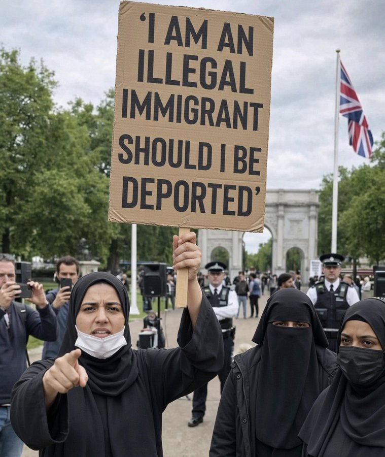 Taryn018Kis_'s tweet photo. She is holding the question up in front of British police and a Union Jack. The sign admits the status and then dares the country to act on it. Should the answer be yes? https://t.co/bIHI5uizEH