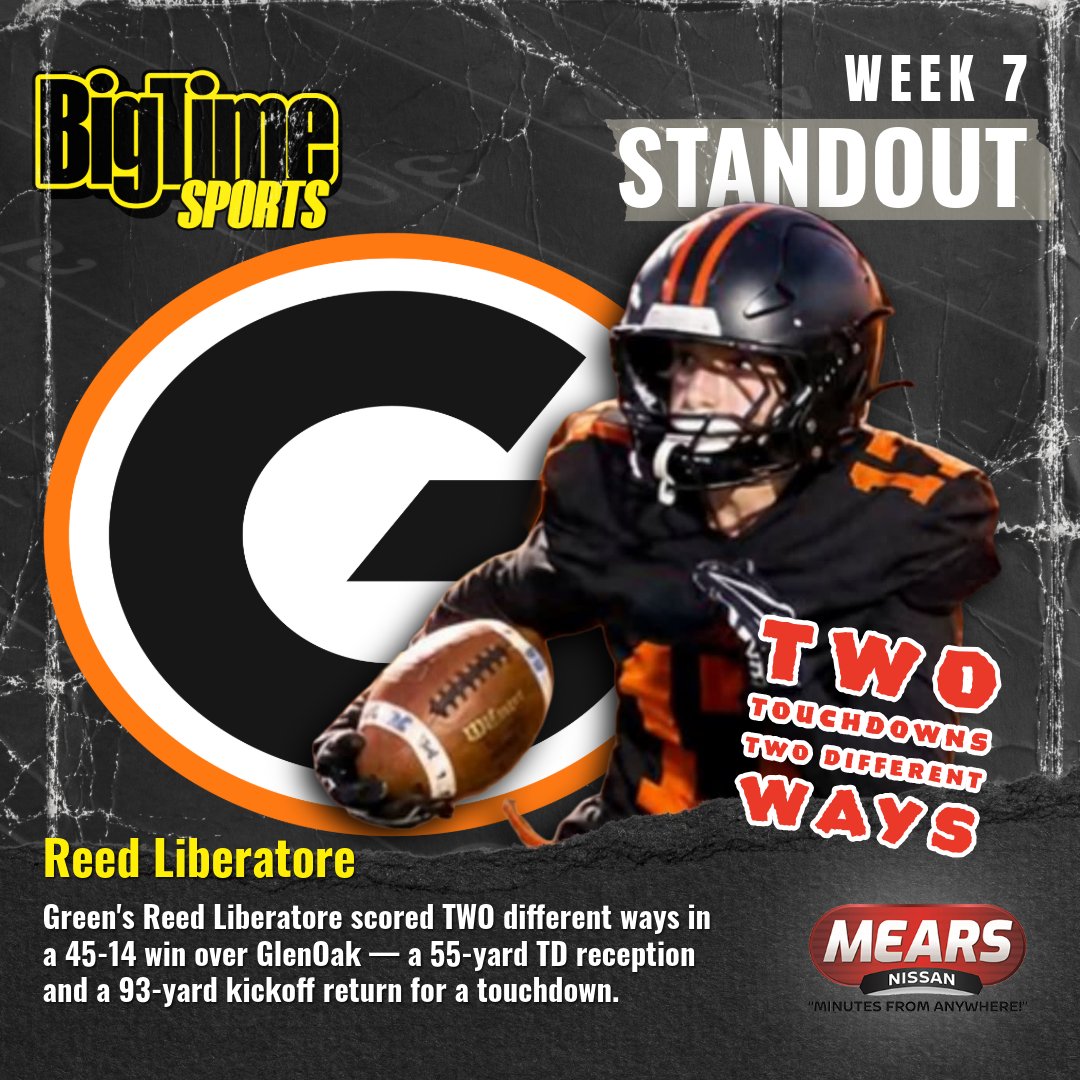 btsohio's tweet photo. 🏈 WEEK 7 STANDOUT

TWO touchdowns. TWO different ways.

Green’s Reed Liberatore scored on a 55-yard TD reception AND a 93-yard kickoff return in a 45-14 win over GlenOak.

Congratulations to Reed, our Week 7 Standout, sponsored by Mears Nissan!

📸 Green Bulldogs FB Page https://t.co/kUJ86EPDa1