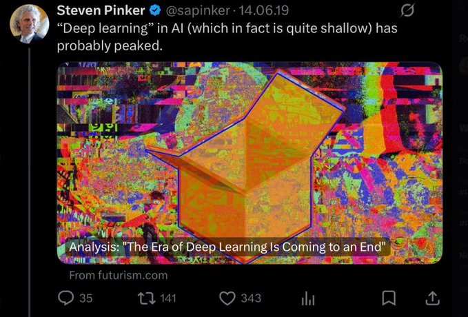 A tweet from Steven Pinker (@sapinker) dated 14.06.19 reads, "'Deep learning' in AI (which in fact is quite shallow) has probably peaked," sharing an article with the headline "The Era of Deep Learning Is Coming to an End" alongside a colorful, glitchy abstract image.