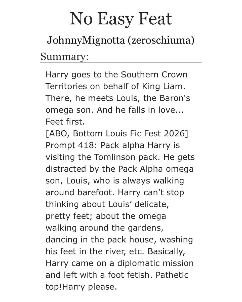 emily_tpwk_fitf's tweet photo. Sent on a mission by King Liam, H finds himself perplexed, something is AFOOT. 🤣 Listen, I HATE feet, but LOVED this fic! 🦶🐐🐖

Alpha H - Omega L 

Fluff     💐💐💐💐
Spice  🔥
Angst  -none-
Words 11k
Author JohnnyMignotta (zeroschiuma)

No Easy Feat
https://t.co/MVCyA9bwcN https://t.co/McgCz8JVa5