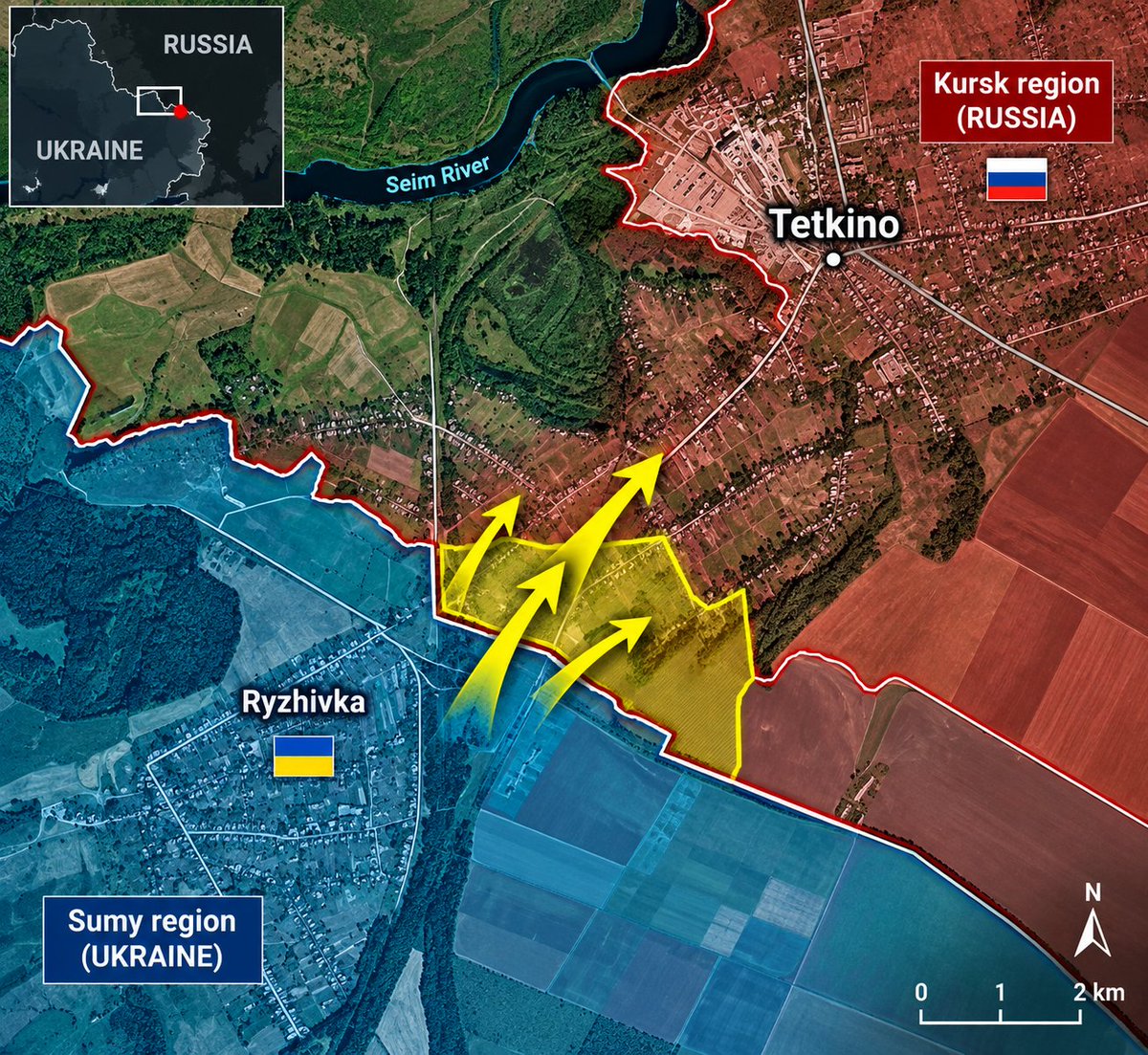 Oct7NeverForget's tweet photo. 🇺🇦⚡️ October 7, 2026. Kursk region.

Reports indicate that Ukrainian forces have crossed the Russian border from the Sumy region and advanced toward Tetkino, Kursk region.

The reported advance is from the area of Ryzhivka, directly across the border from Tetkino.

The situation is developing. Independent confirmation of the scale and depth of the advance is still pending.