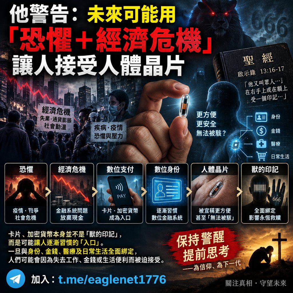 eaglenet1776's tweet photo. 🎬 他警告：未來可能用「恐懼＋經濟危機」讓人接受人體晶片
這段影片的核心，是把《聖經》中的「獸的印記」與未來可能出現的人體晶片、數位支付與經濟危機連結在一起。⚡️讀完整內容📷https://t.co/vOIm6EhPIO      
🅧原文: https://t.co/VWnabbcFke https://t.co/y0ZBeIzCYJ
