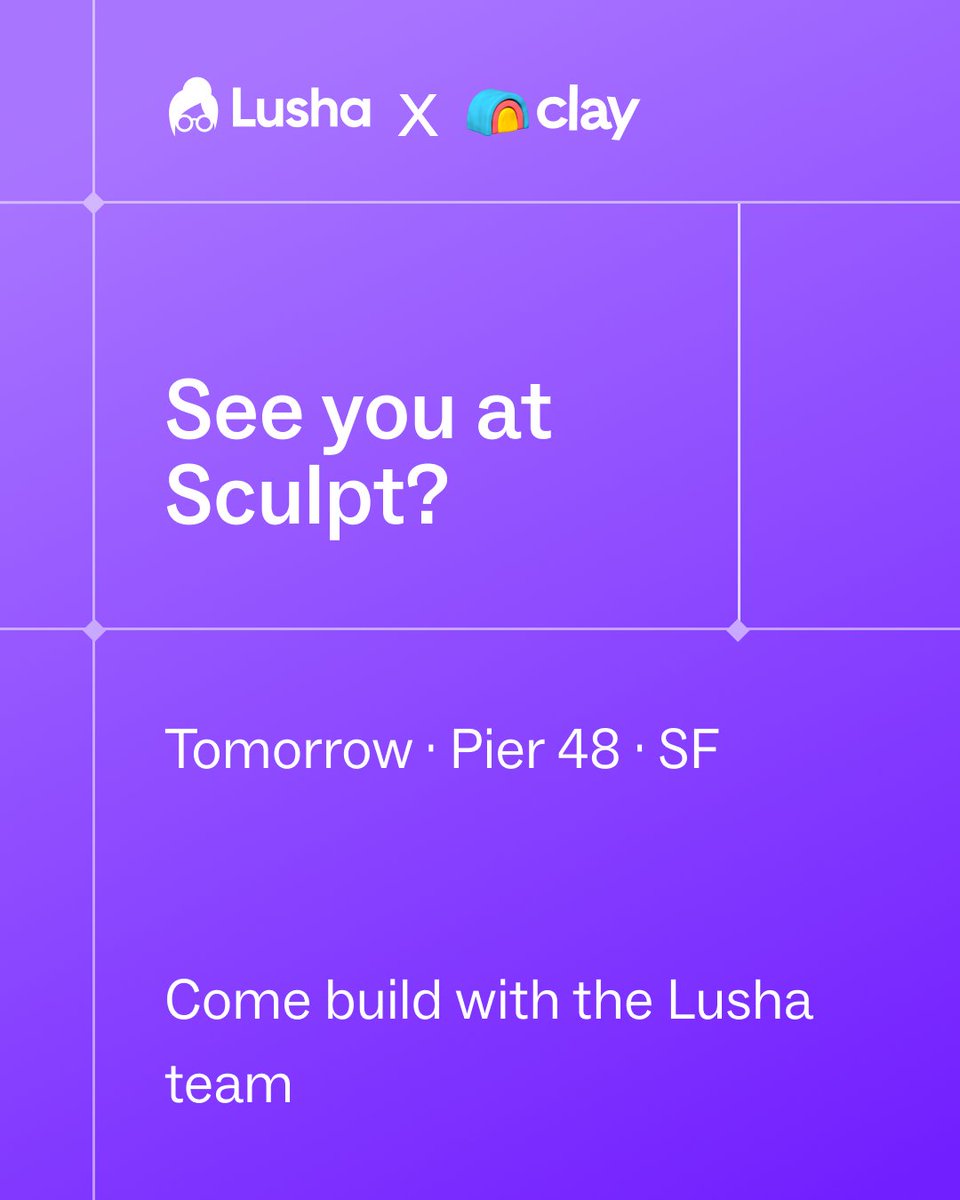 LushaData's tweet photo. Our very official, very serious itinerary for Sculpt:
🤾‍♂️8:00 Iced coffee. Then booth setup.
🤽9:30 Front row for the keynote on the future of GTM Notebooks out.
🕺All day: agents, enrichment, AI lead gen and lookalikes at the Lusha booth. Bring your messiest Clay table and we'll bring the best data for your business.
🏃‍♂️1:15 Clay Cup. Screaming for the builders. Respectfully.
💃5:00 Closing party. Our out-of-office kicks in at 4:59.

Why we're a Gold sponsor: this year Lusha became a verified data provider in  . That means verified emails, direct dials and buying signals right inside your tables.

Going tomorrow? Stop by our booth, meet Tuval Shimshovitz and Maria Buchmann, grab some swag, and let’s talk about what’s actually working (or not) in your outbound right now.

#Sculpt2026 #GTMEngineering #RevOps