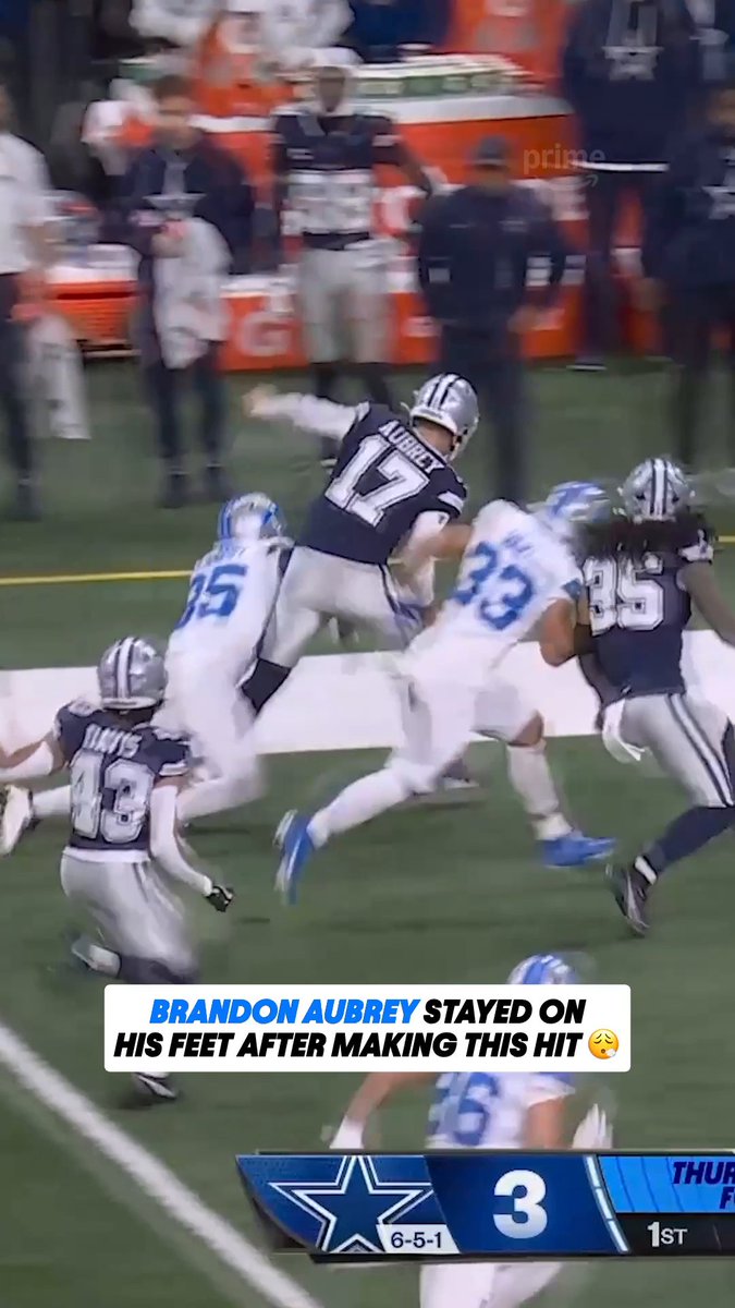 A sports screenshot showing #17 'AUBREY' of the Cowboys being tackled during an NFL game against the Lions, with the caption 'BRANDON AUBREY STAYED ON HIS FEET AFTER MAKING THIS HIT'.