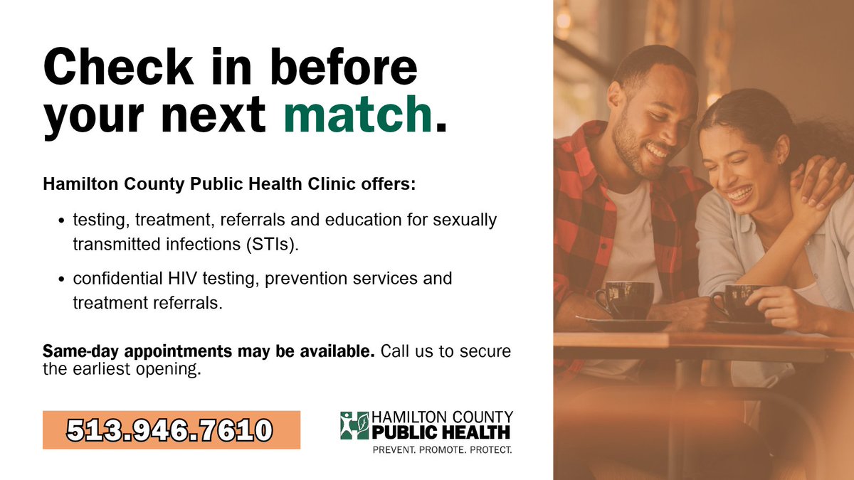 HamCoHealth's tweet photo. Book your next STI checkup with Hamilton County Public Health!

Our clinic offers STI and HIV testing, and our staff is here to answer your questions, talk through any concerns &amp; provide the information &amp; support you need to stay healthy. Call us at 513-946-7610 to schedule. https://t.co/KcpasN0IMt
