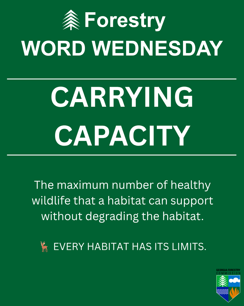 GaTrees's tweet photo. 🌲📖 #ForestryWordWednesday: CARRYING CAPACITY

Every habitat has its limits.

Carrying capacity is the maximum number of healthy wildlife an area can support without degrading the habitat.

🌱 Food + 💧 water + 🌳 shelter + ↔️ space all play a role. https://t.co/Z4udT7igQE