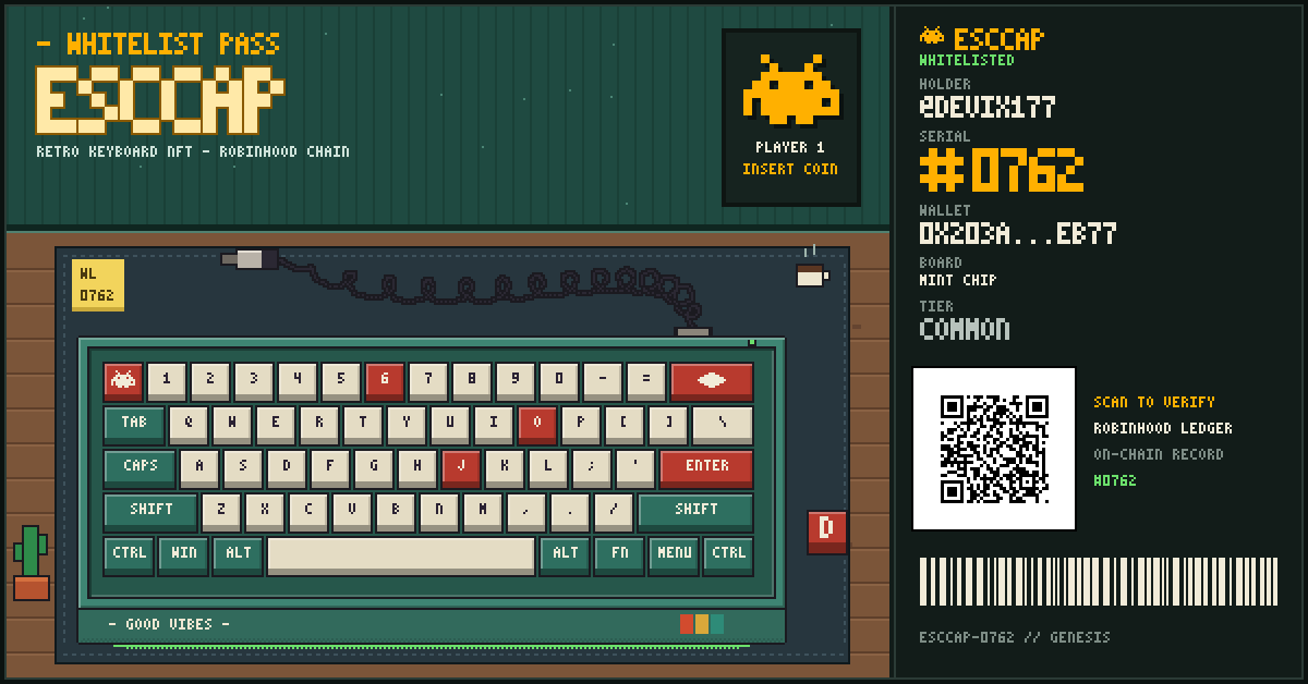 devix177's tweet photo. Secured ESCCAP holder #0762.

MINT CHIP COMMON pass from the Retro Mechanical Keyboard collection on Robinhood Chain.

Claim your whitelist seat:
https://t.co/LjVDLl6Jdd

@esccapHQ #EscCap https://t.co/5OsFBimcWM