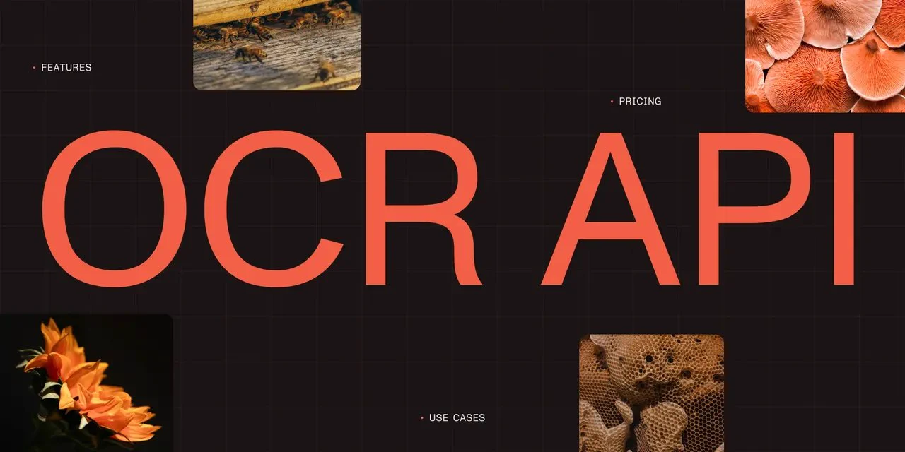 Dark grid-background landing page graphic with large orange text reading “OCR API” across the center, surrounded by small image tiles of bees, orange mushrooms, an orange flower, and a honeycomb. Small labels read “FEATURES,” “PRICING,” and “USE CASES.”