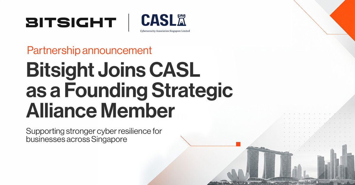 Bitsight's tweet photo. Bitsight is proud to join CASL as a Founding Strategic Alliance Member.

Together, we're supporting stronger cyber resilience and helping businesses across Singapore better understand and manage cyber risk.

#Cybersecurity #CyberRisk #CyberResilience https://t.co/e1DX0iWWL8