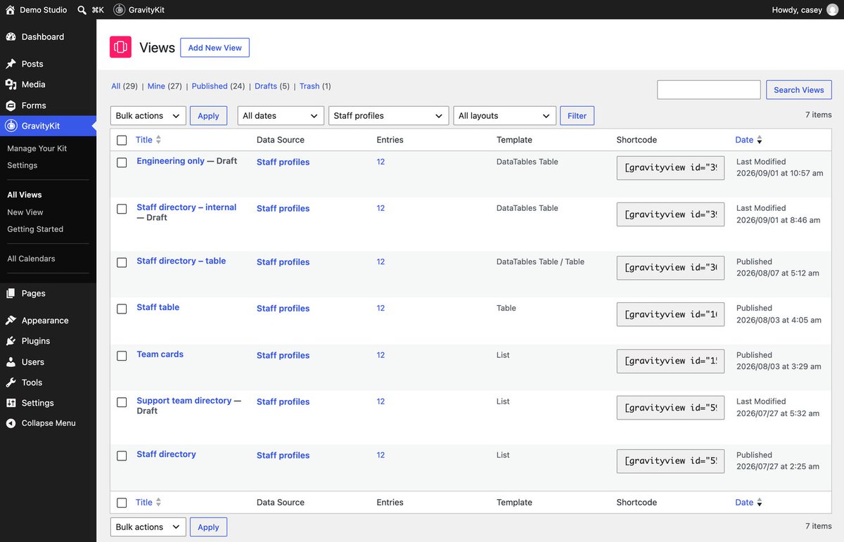 GravityView's tweet photo. Finished a staff directory and the client wants an internal version too?

Ask the GravityKit MCP to clone the View. The copy arrives as a draft with the layout, fields, and search carried over, reading the same entries. Then filter it in the same chat.

https://t.co/62DOgglvj3 https://t.co/b6B0n9s2a0