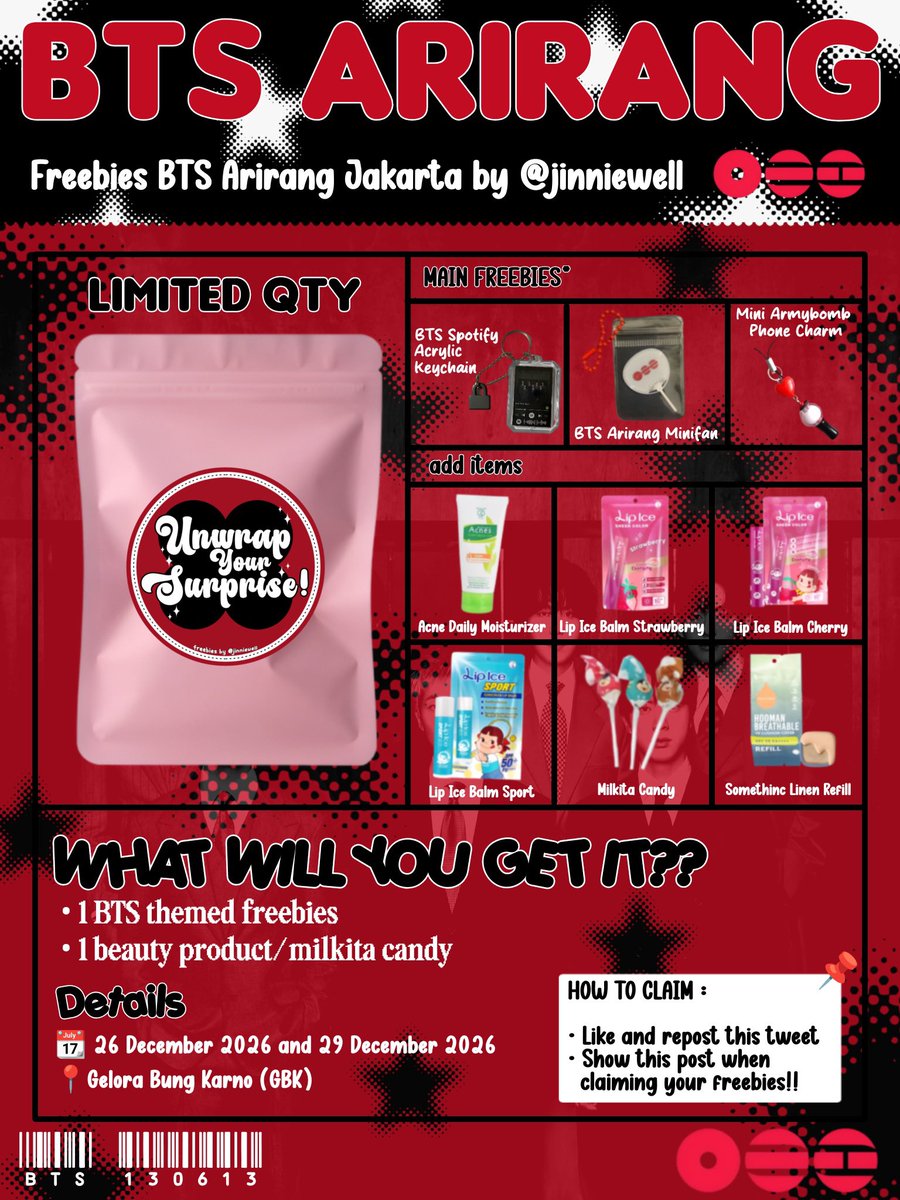 jinniewell's tweet photo. ʚଓ MYSTERY PACK FREEBIES BTS ARIRANG JAKARTA ʚଓ 
—by @jinniewell 

📅 : Dec 26 (DAY 1) and Dec 29 (DAY 3)
📍 : GBK
⏰ : TBA 
🧾: 𝗹𝗶𝗺𝗶𝘁𝗲𝗱 𝗾𝘁𝘆

┈➤ how to claim? pls read the poster carefully n tag me if you get one, thank you!

likes n rts are appreciated. see u army❤️‍🔥 https://t.co/80mYRyMAI1