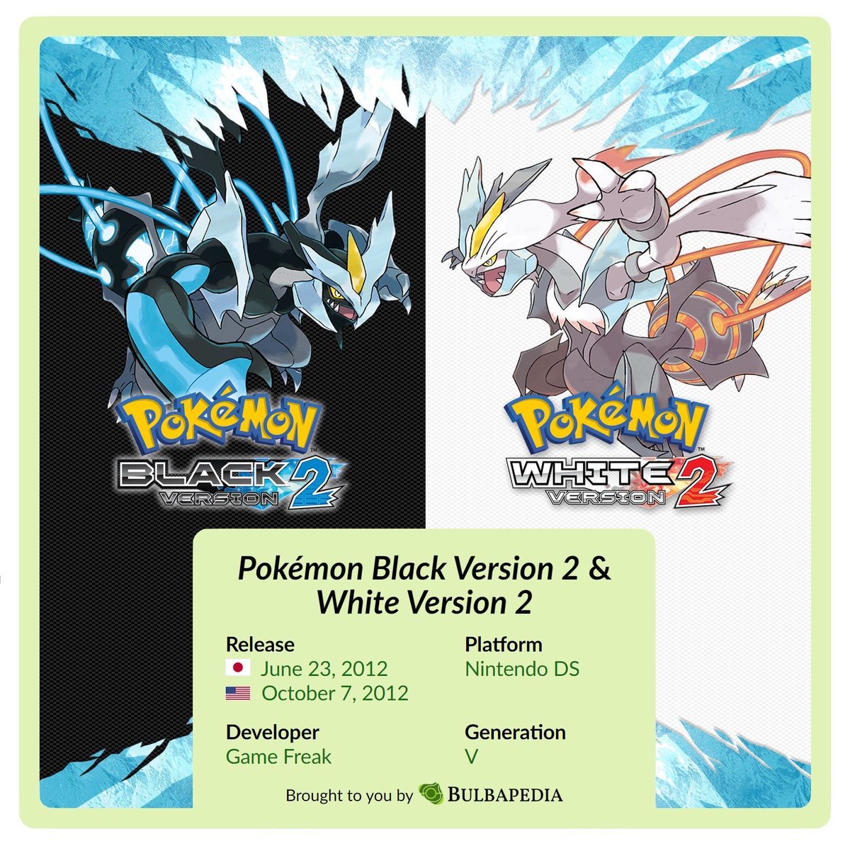 Bulbapedia's tweet photo. 14 years ago today, Pokémon Black and White Versions 2 were first released for the Nintendo DS in North America!  

They are sequels to Pokémon Black and White, respectively, taking place 2 years after N's departure and the first defeat of Ghetsis. https://t.co/NUKS2Rzo51