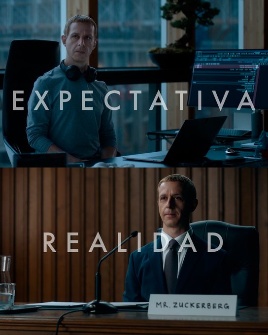 A meme comparing 'EXPECTATIVA' (expectation) showing a man casually coding at a computer with headphones around his neck, versus 'REALIDAD' (reality) showing the same person, Mark Zuckerberg, formally seated at a conference table with a 'MR. ZUCKERBERG' nameplate.