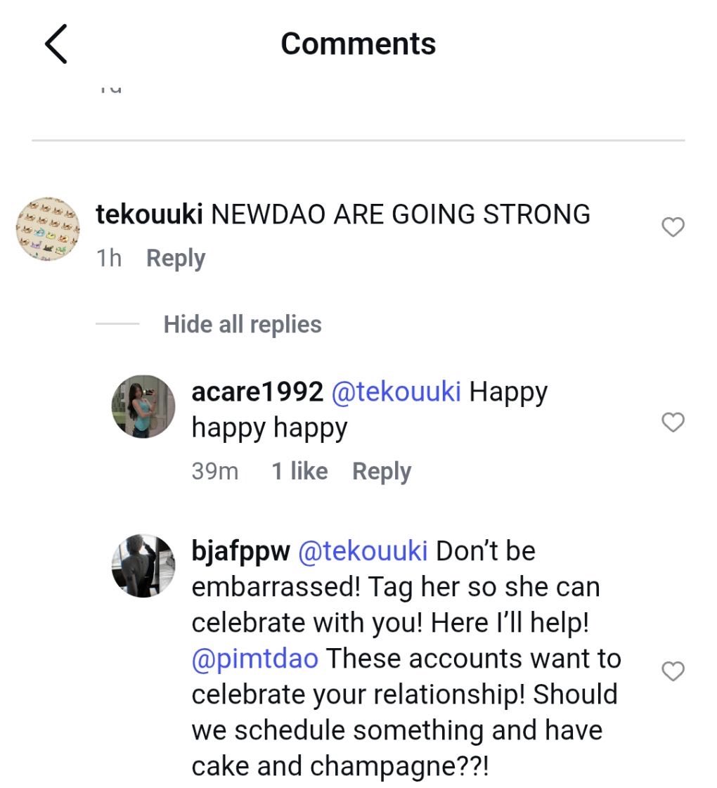 usojin_'s tweet photo. These accounts are so “bipolar.” On Dao’s IG, they always defend her and insist that she’s not with New anymore. But on New’s account, they’re the ones leaving all these comments. Acare1992, laurencollins3.4, and bjafppw are Dao defenders who are supporting trolls. https://t.co/fkoja0Ff2t