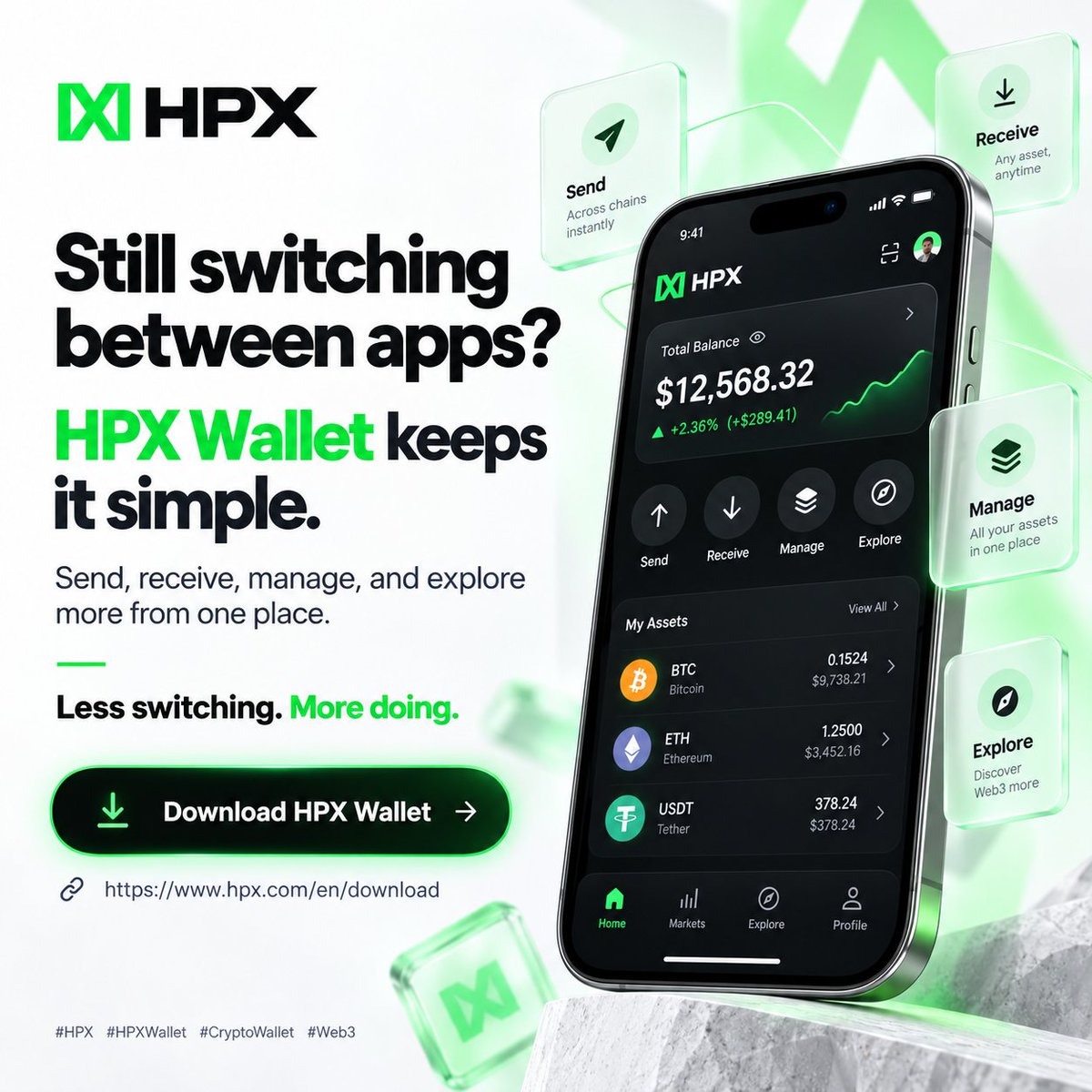 Hpx_Official's tweet photo. Still switching between apps just to manage your crypto?
HPX Wallet keeps it simple — send, receive, manage, and explore more from one place.
Less switching. More doing.
Download HPX Wallet:
https://t.co/LYsZOCffIo
#HPX #HPXWallet #CryptoWallet #Web3 https://t.co/LbYxvL7WHo