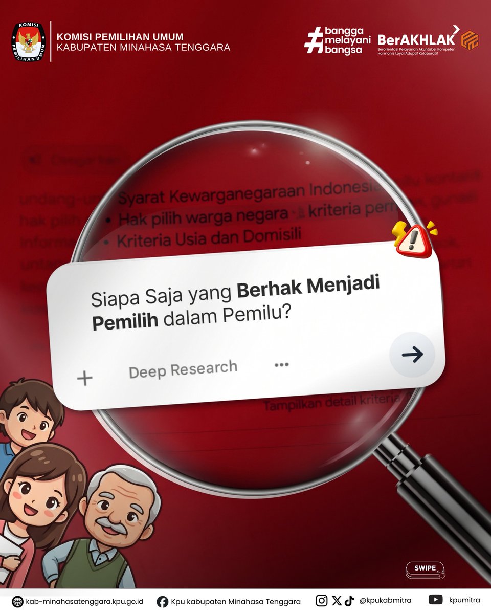 KpuKabMitra's tweet photo. #temanpemilih , hak pilih merupakan hak konstitusional setiap Warga Negara Indonesia yang memenuhi persyaratan sesuai ketentuan peraturan perundang-undangan.

Berdasarkan PKPU Nomor 7 Tahun 2022, seseorang dapat menjadi pemilih apabila memenuhi persyaratan berikut: https://t.co/JQdoT8v7k1