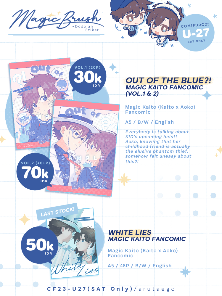 arutaego's tweet photo. (1/4) RTs Appreciated! 🙌
Henlo! PO #CF23 batch 2 sudah dibuka yaa ✨
✅Pick up CF23 (SAT ONLY) @ U-27ab
✅Mail order

Magic Brush ~Dodolan Stiker~ (SAT ONLY)
📅: 07 Oct-11 Oct 2026
🔗: (cek reply!⬇️)
Fandom: DCMK / Magic Kaito (Kaiao)
#comifuro23 #comifuro23catalogue https://t.co/Nm4QYUwMWY