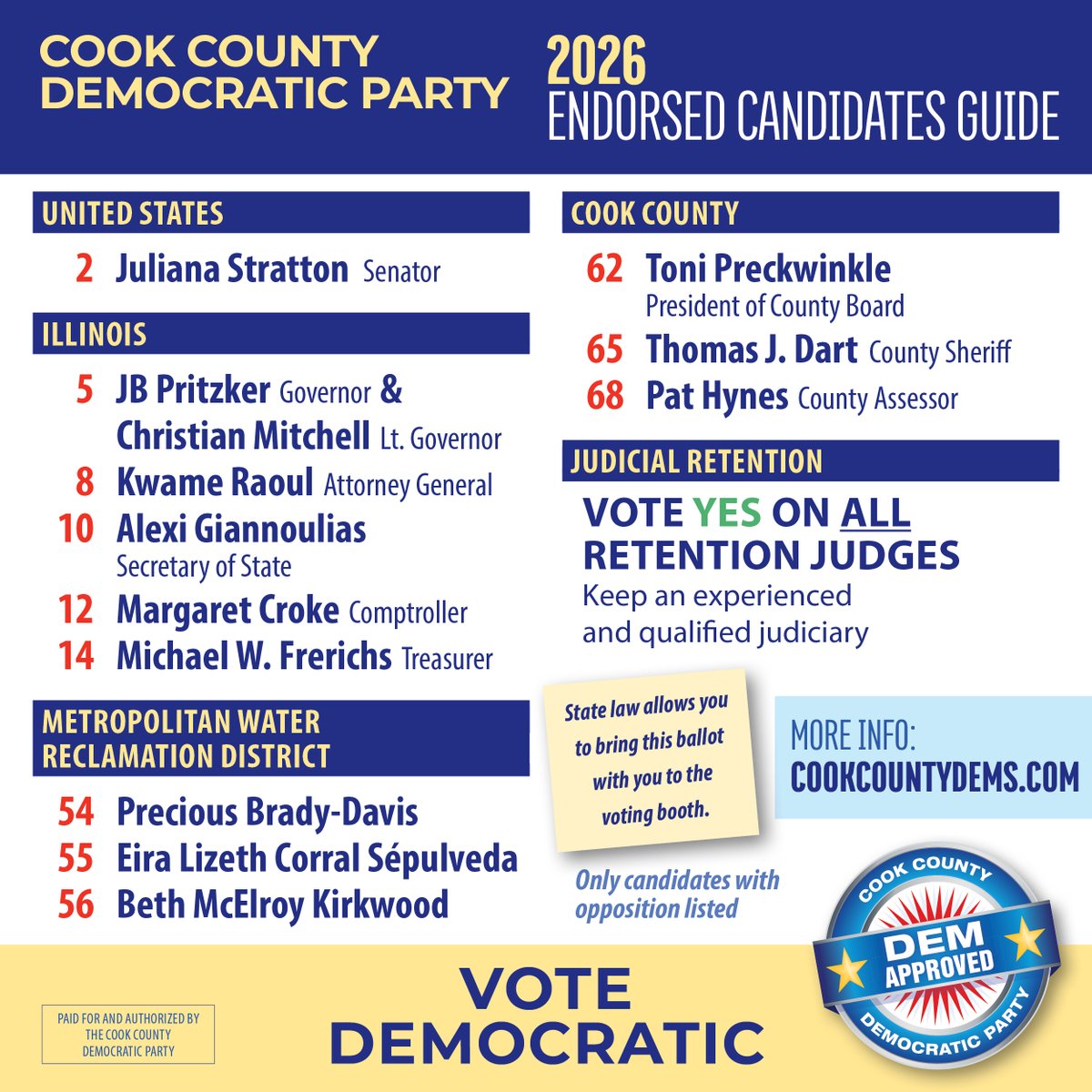 cookcodems's tweet photo. As you fill out your mail in ballot or head to the polls to early vote, don't forget to vote for all our #DemApproved nominees and retention judges! https://t.co/8XjXmrkWEO