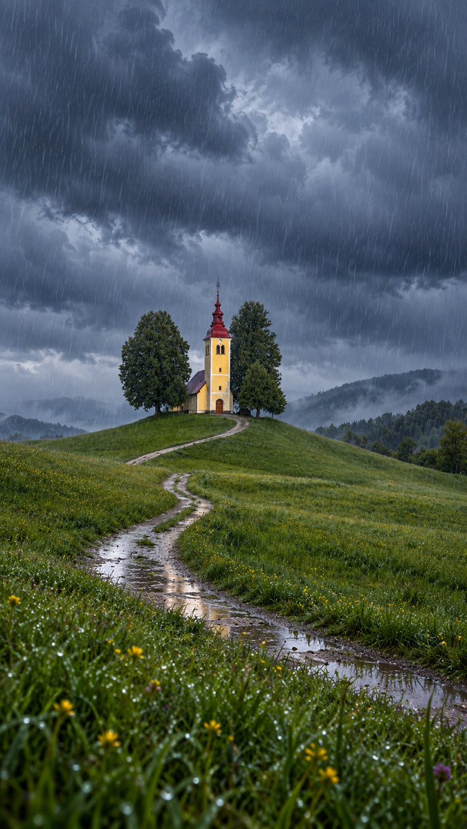 Rain_DeepSleep's tweet photo. Dark clouds gather above the little chapel, and rain falls across the green hillside. A winding path glistens beneath the storm. You do not have to find your way through every worry tonight. Pause here, listen to the rain, and take one gentle breath at a time. 🌧️⛪ #goodnight #rainsounds #deepsleep #serenity #rainylandscape