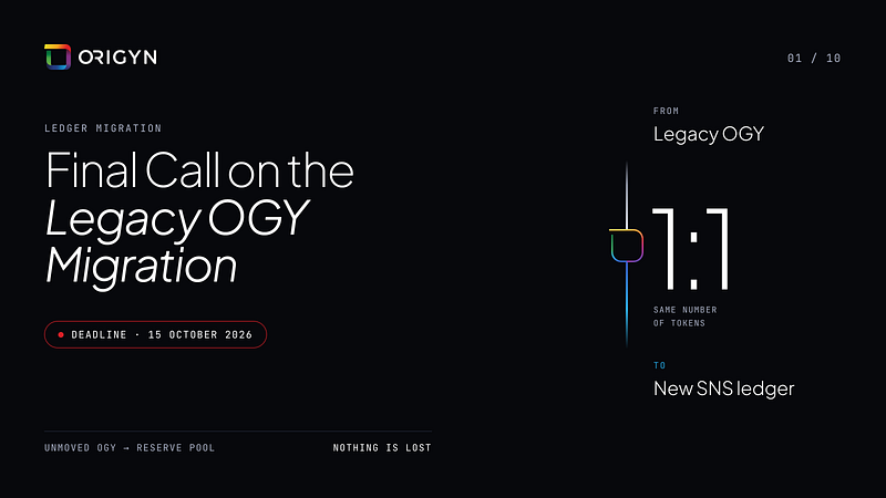 ORIGYNTech's tweet photo. One week left to migrate your legacy $OGY

If you still hold old $OGY tokens, now is the time to move them. The deadline to migrate to the new SNS ledger is 15 October 2026, just one week away.

The swap is simple:
✅ You get the exact same number of tokens, one for one
✅ You can do it yourself in a few minutes
✅ Everything happens in the ORIGYN Dashboard: https://t.co/LbvFDJOUli

What happens after 15 October?
Any old $OGY that hasn't been moved will go into a Reserve Pool. Nothing is lost, and those tokens can still be recovered later. But you'll need to contact the ORIGYN team and prove they're yours. Migrating now is much easier.

Need help?
📘 Step by step guide: https://t.co/58TulJOL86
📩 Still have questions? Email admin@origyn.ch or techsupport@origyn.ch