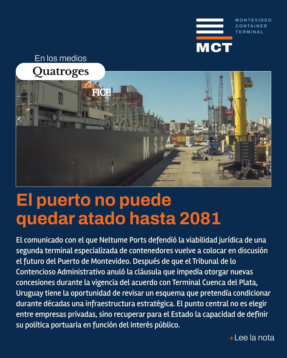 TerminalMCT's tweet photo. El futuro del Puerto de Montevideo merece una discusión de largo plazo.
Quatroges (El Espacio de Andrés Alsina) analiza la propuesta de MCT y la oportunidad de fortalecer la competencia, atraer nuevas cargas y proyectar a Montevideo como un actor clave del comercio regional. https://t.co/dyMM46BuC9