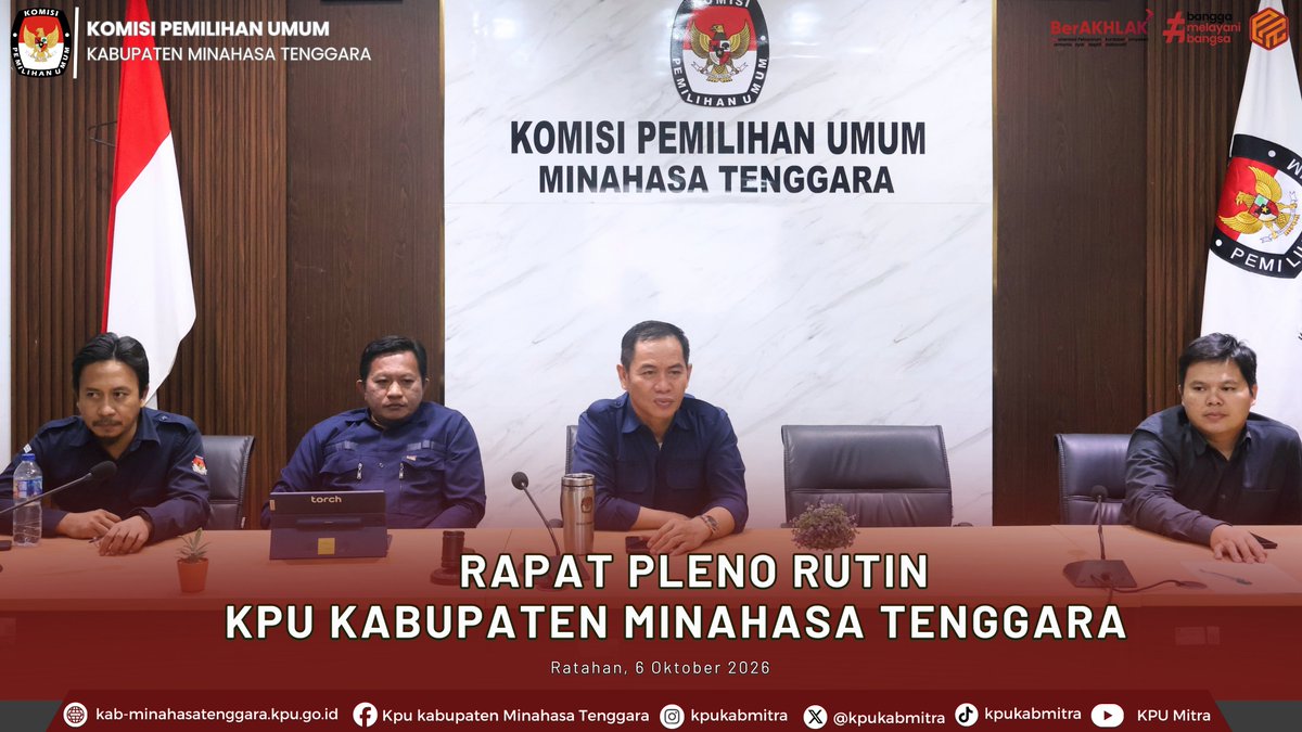 KpuKabMitra's tweet photo. #temanpemilih , KPU Kabupaten Minahasa Tenggara (Mitra) menggelar Rapat Pleno Rutin pada Selasa (6/10).
Rapat dipimpin oleh Ketua KPU Kabupaten Minahasa Tenggara,
Otnie N. Tamod, serta diikuti oleh Anggota KPU, Sekretaris, dan Kasubbag di lingkungan KPU Mitra.
#kpumelayani https://t.co/yJFOS96tFo
